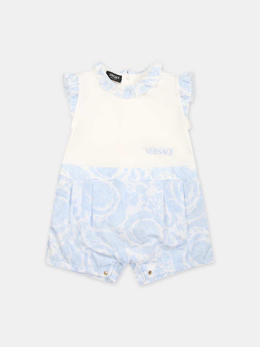Light blue romper for babies with baroque print